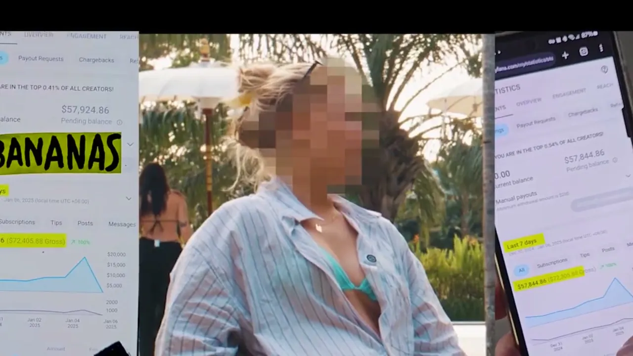 Poolside interview with a creator whose face is blurred, beside a phone with a “BANANAS” sticker over the earnings.