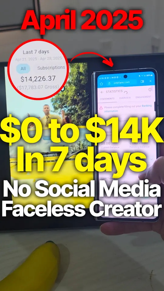 April 2025 statement: last 7 days $14,226.37 on a phone, a banana in the foreground.