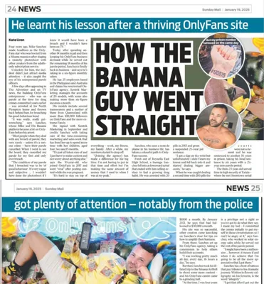 Sunday Mail spread from 19 January 2025: Mike in a yellow banana shirt lying among bananas, under the headline “How the Banana Guy went straight”.